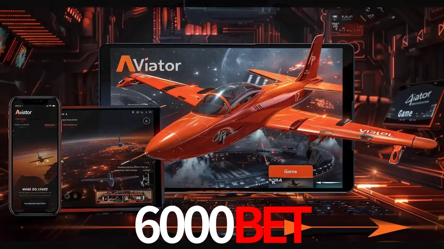 Apresentação tecnológica do jogo Aviator com um avião saindo da tela de um tablet, demonstrando a experiência imersiva em múltiplos dispositivos no 6000bet.