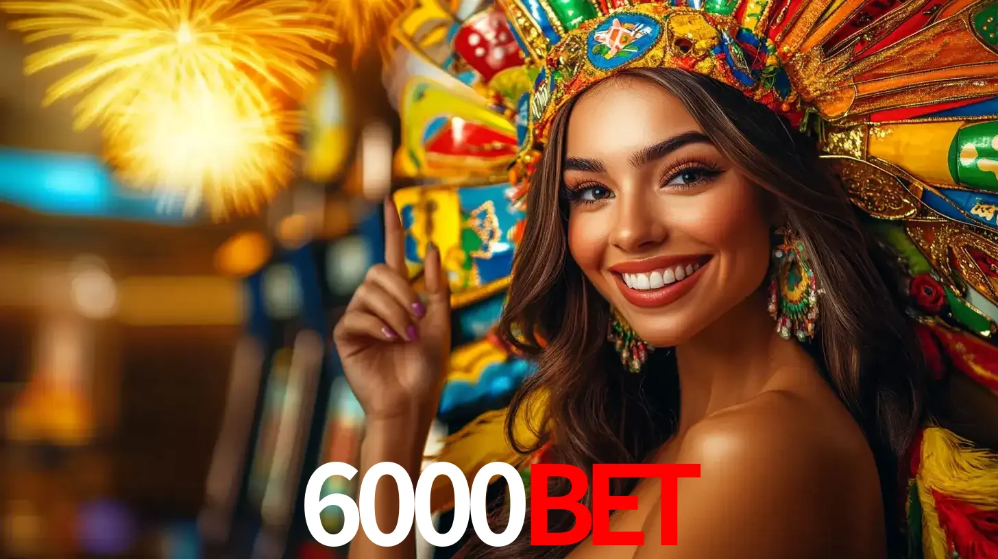 Mulher sorridente com um cocar de carnaval vibrante e colorido, celebrando uma grande vitória nos jogos do cassino 6000bet com fogos de artifício ao fundo.