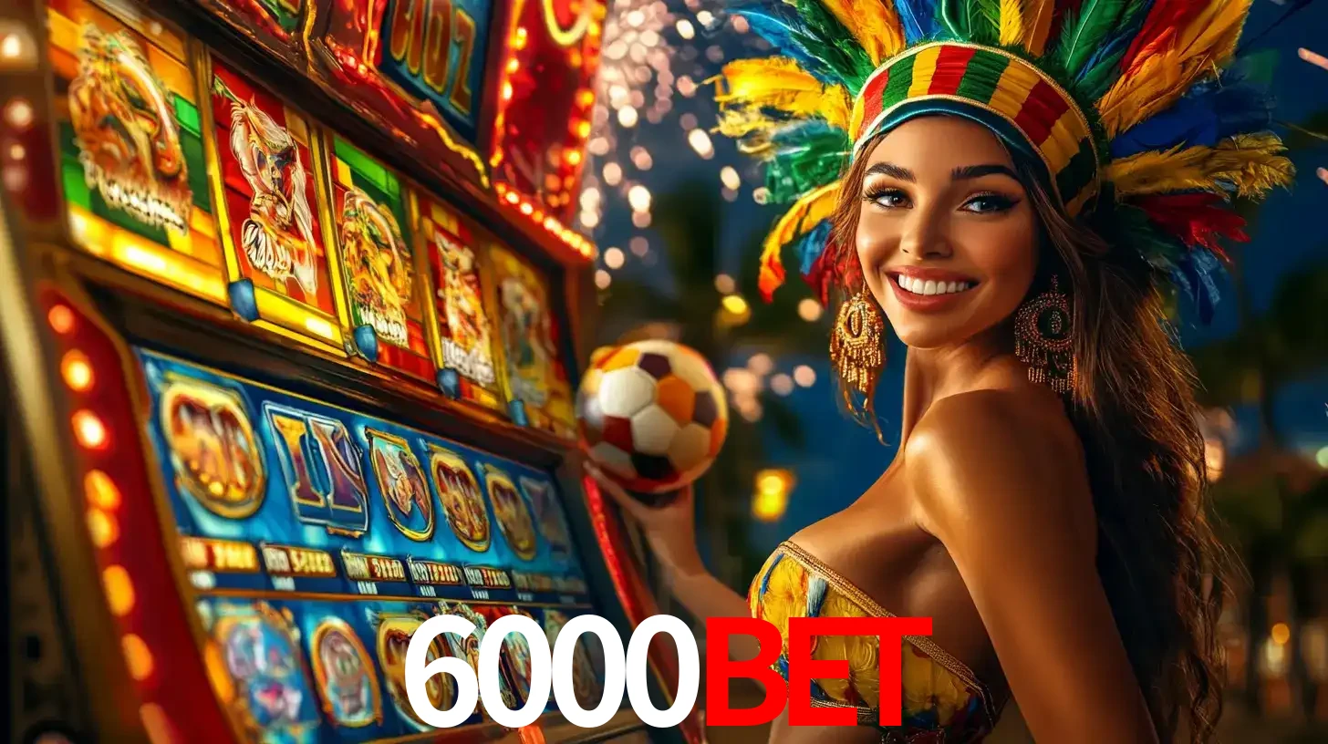 Mulher com um cocar de carnaval ao lado de uma máquina de caça-níqueis enquanto segura uma bola de futebol, mostrando a união da diversão de cassino e esportes no 6000bet.
