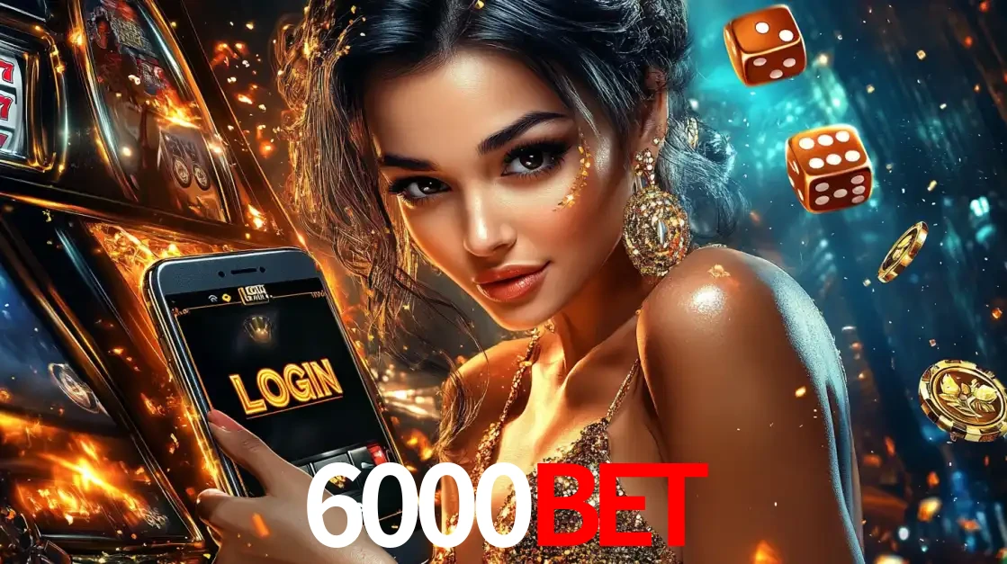 Mulher glamourosa segurando um celular com a tela de login do cassino 6000bet, rodeada por dados e moedas douradas, pronta para começar a diversão.