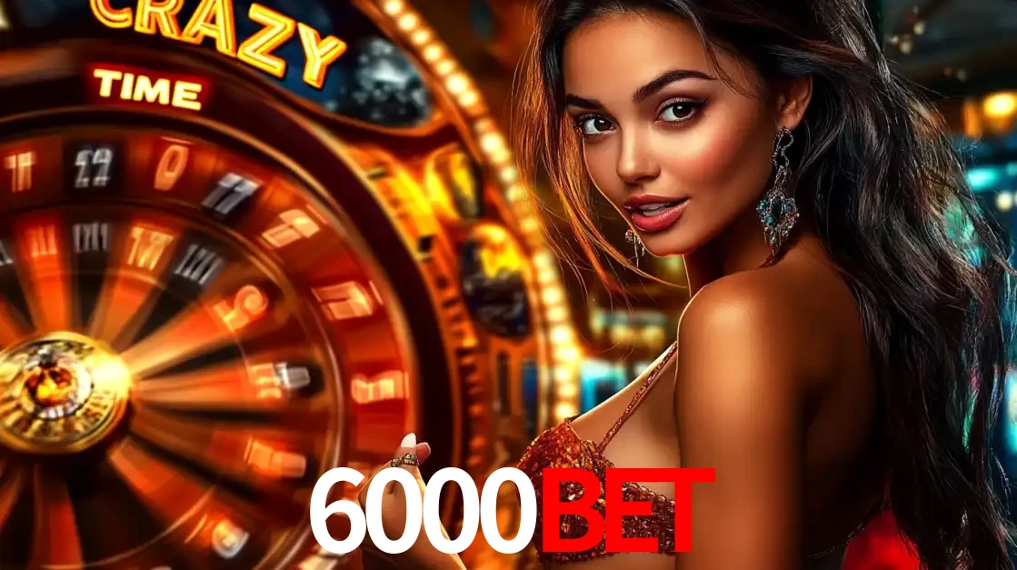 Mulher ao lado da roda de prêmios do jogo de cassino ao vivo Crazy Time, um dos shows de jogos mais emocionantes oferecidos pela plataforma de apostas 6000bet.