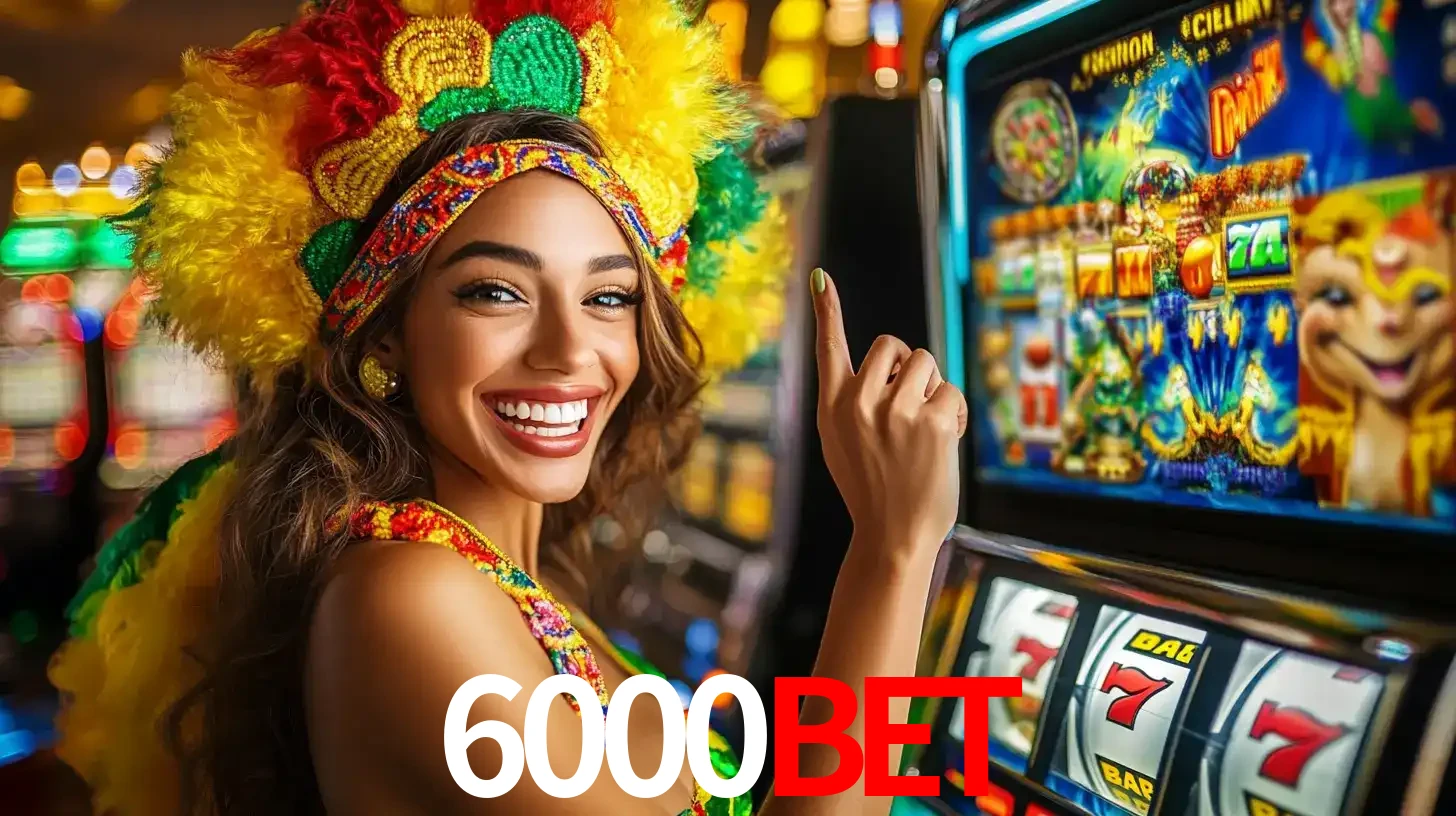 Mulher animada com um cocar de carnaval apontando para uma máquina de caça-níqueis, mostrando a emoção de ganhar um grande prêmio nos jogos do 6000bet.