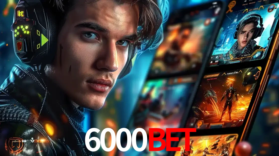 Jovem jogador com fones de ouvido olhando para a câmera, com um aplicativo de jogos e e-sports para celular ao fundo, pronto para a competição e apostas no 6000bet.