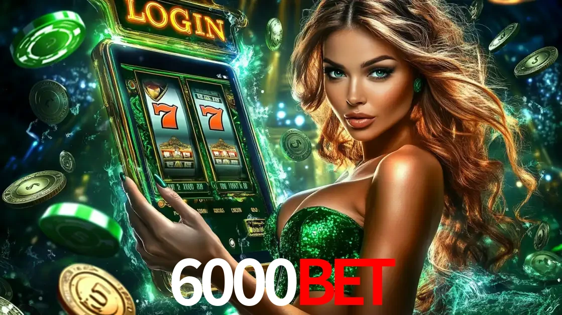 Mulher com tema verde apresentando o aplicativo do cassino 6000bet com um jogo de slot de 777, cercada por fichas de cassino e uma aura de sorte.