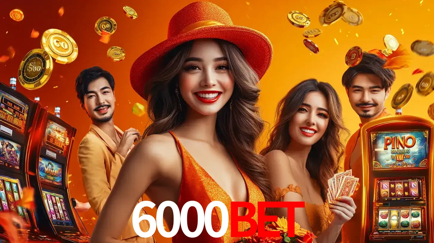 Grupo de amigos asiáticos sorrindo e se divertindo com máquinas de caça-níqueis em um ambiente festivo, celebrando suas vitórias nos jogos de cassino do 6000bet.