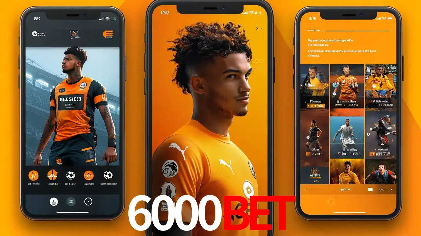 Interface do aplicativo de apostas esportivas 6000bet em três telas de celular, mostrando o perfil de um jogador de futebol e a lista de jogos disponíveis para apostar.