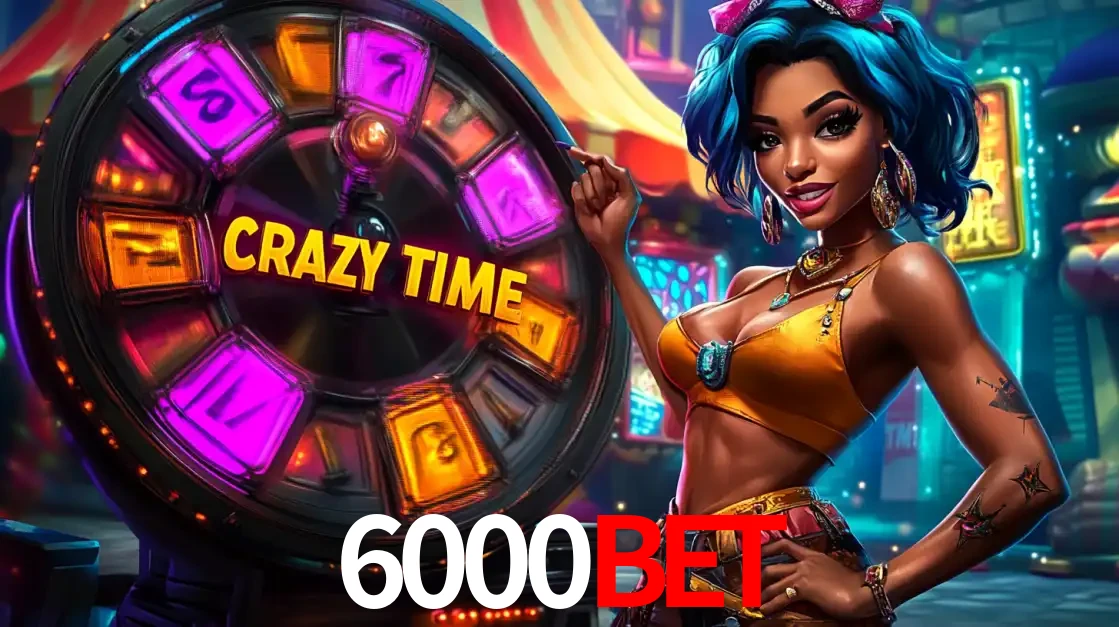 Mulher estilizada com cabelo azul e visual vibrante posando ao lado da roda de prêmios do game show Crazy Time, convidando para a diversão e os bônus do cassino 6000bet.