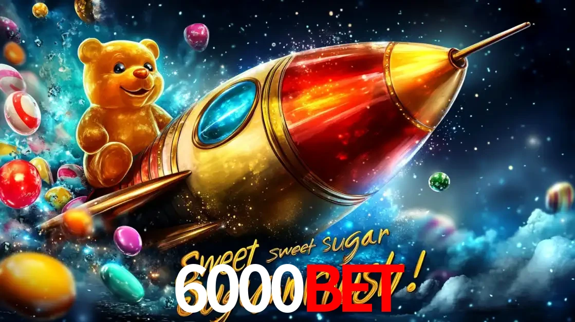 Arte promocional do jogo de slot Sugar Rush, com um urso de pelúcia em um foguete viajando pelo espaço de doces, um dos jogos divertidos disponíveis no cassino 6000bet.