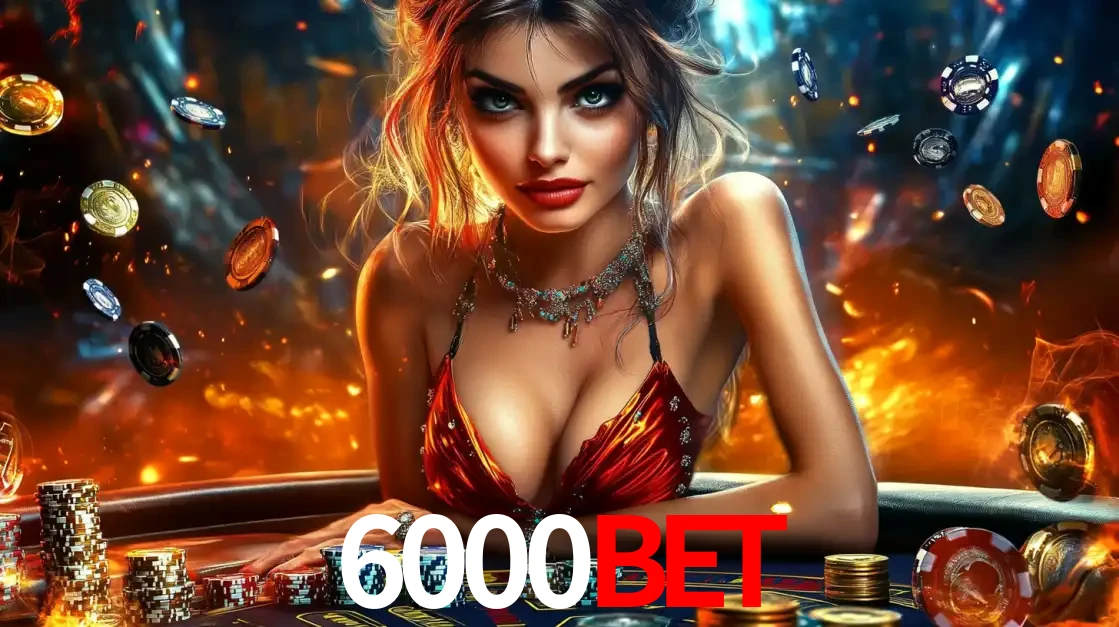 Mulher em uma mesa de cassino com pilhas de fichas e um fundo de fogo, pronta para uma rodada de altas apostas nos jogos de mesa emocionantes do cassino 6000bet.