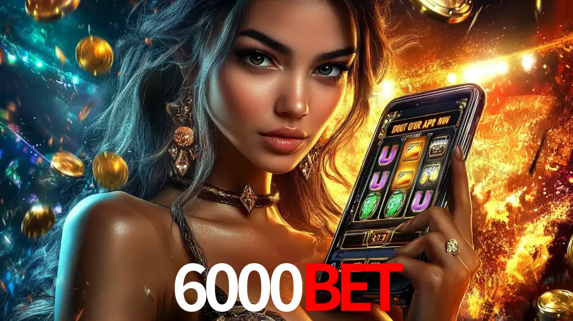 Mulher elegante mostrando um jogo de caça-níqueis em seu smartphone, destacando a experiência de cassino móvel oferecida pelo aplicativo 6000bet.