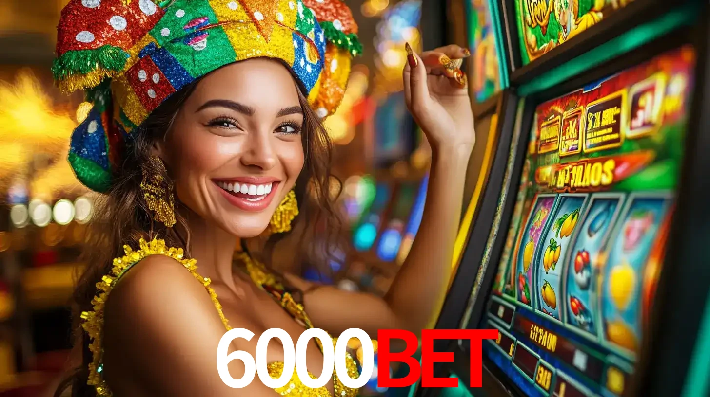 Mulher feliz com traje de carnaval amarelo e colorido ao lado de uma máquina de caça-níqueis, aproveitando a diversão e os jogos temáticos do cassino 6000bet.