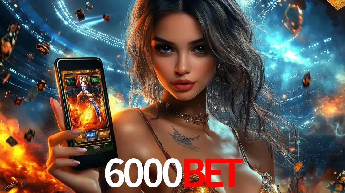 Mulher segurando um celular com um jogo de slot em destaque, tendo como fundo um estádio vibrante, simbolizando a emoção de jogar no cassino móvel 6000bet.