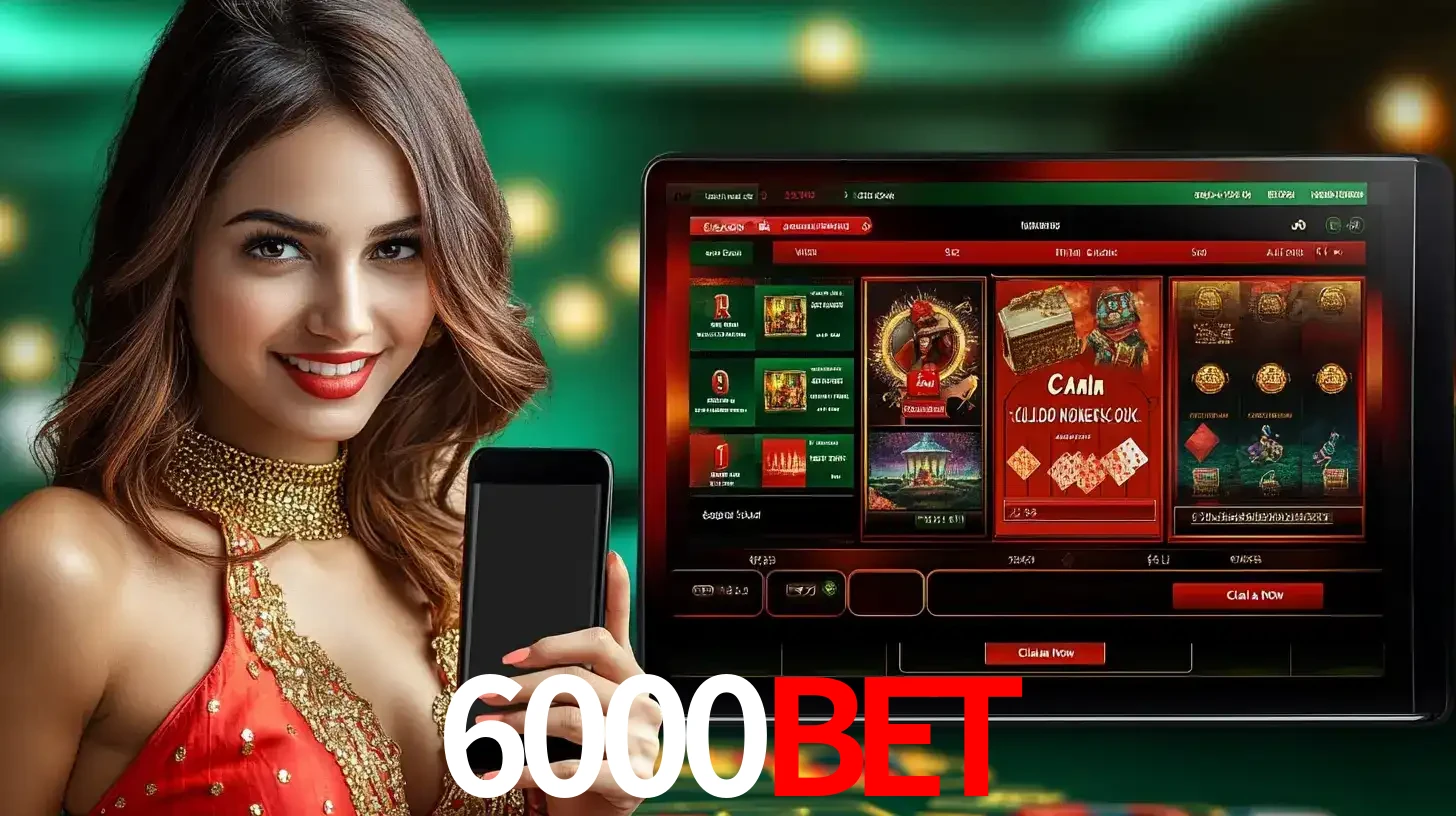 Mulher sorridente segurando um smartphone, ao lado de uma tela exibindo o lobby de jogos do cassino online 6000bet, com várias opções de jogos de cartas e slots.
